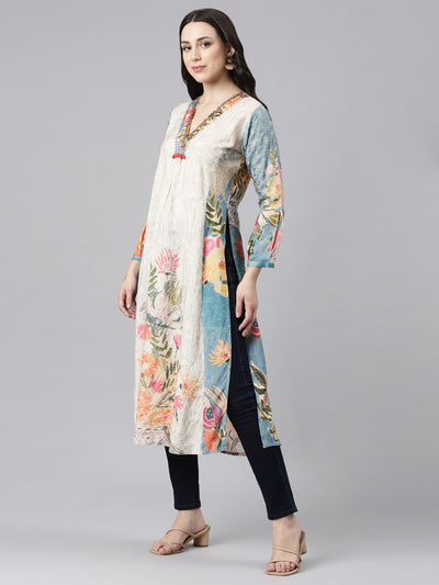 Neerus Off White Panelled Straight Kurta and Trousers