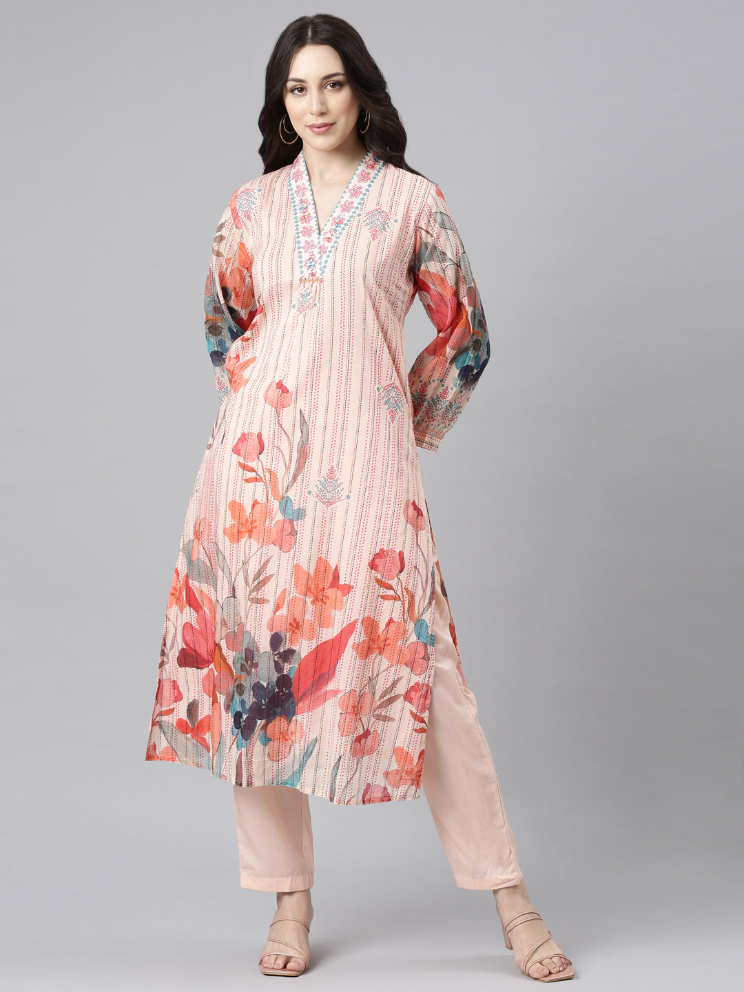 Neerus Peach Panelled Straight Kurta and Trousers