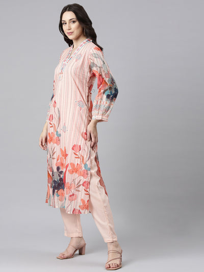 Neerus Peach Panelled Straight Kurta and Trousers