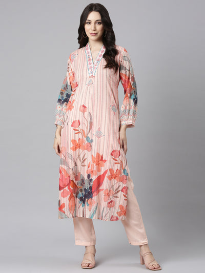 Neerus Peach Panelled Straight Kurta and Trousers