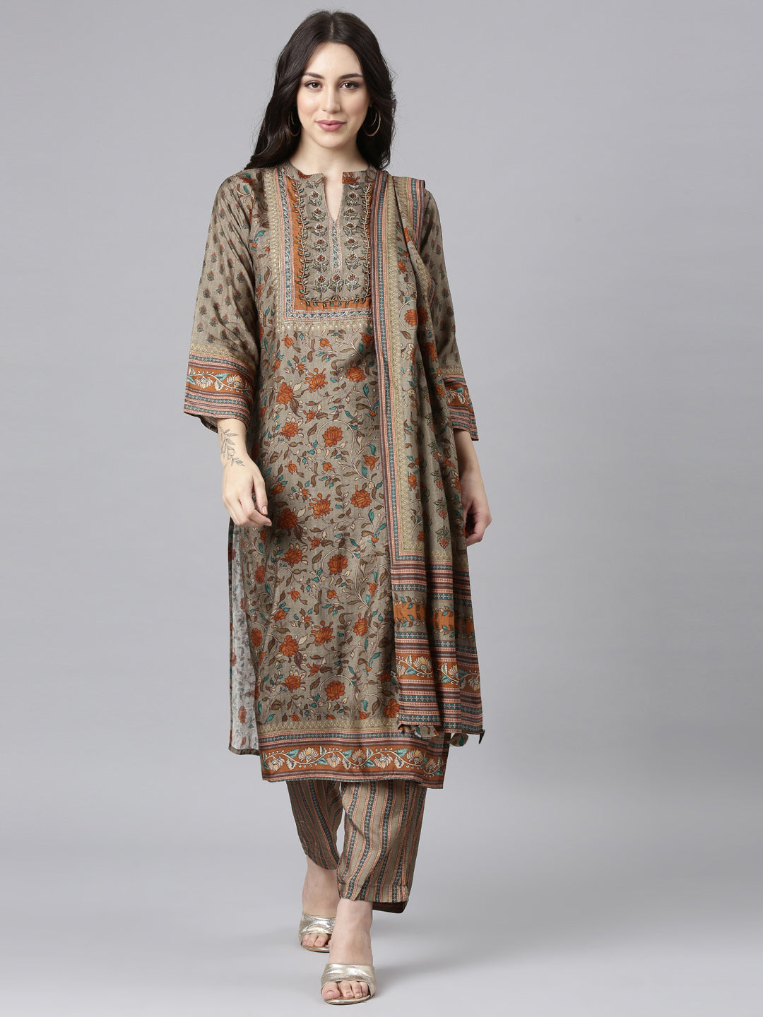 Neerus Grey Panelled Straight Kurta and Trousers With Dupatta