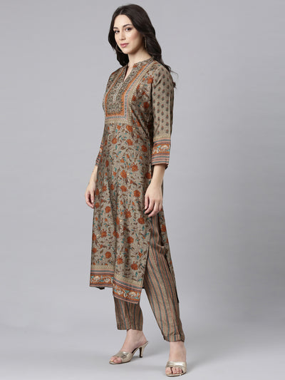 Neerus Grey Panelled Straight Kurta and Trousers With Dupatta