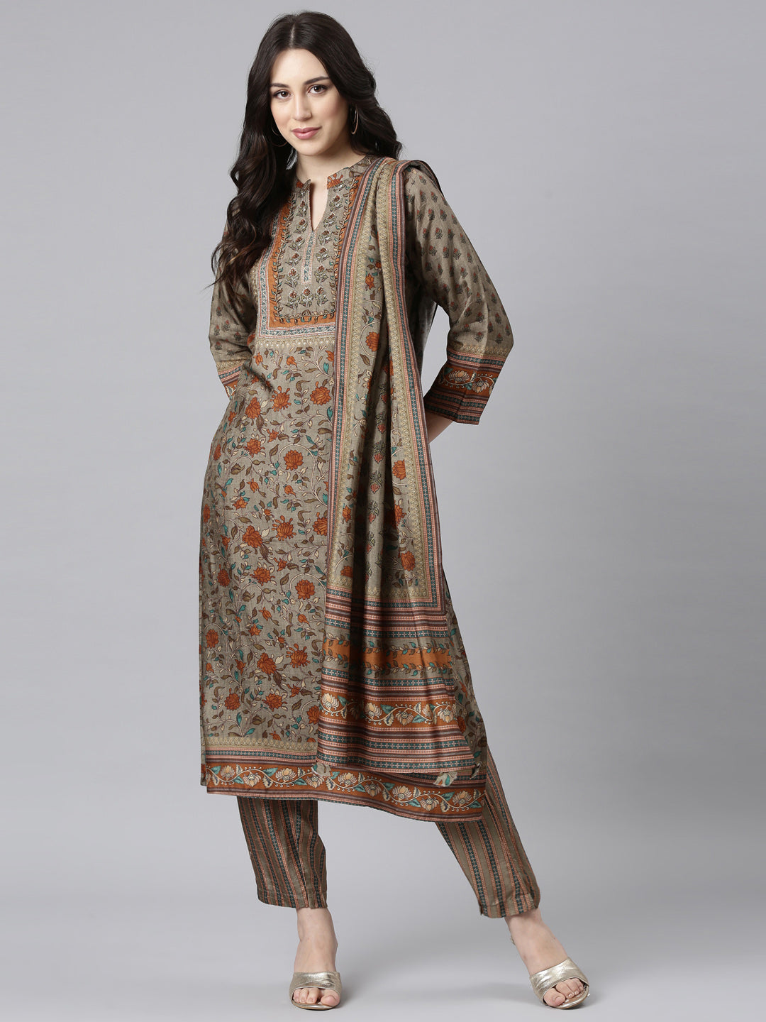 Neerus Grey Panelled Straight Kurta and Trousers With Dupatta