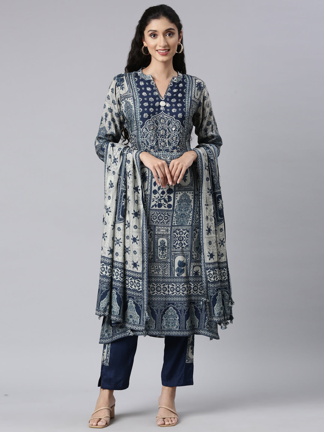 Neerus Navy Blue Regular Straight Kurta and Trousers With Dupatta