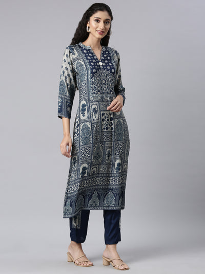 Neerus Navy Blue Regular Straight Kurta and Trousers With Dupatta