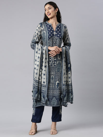 Neerus Navy Blue Regular Straight Kurta and Trousers With Dupatta