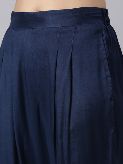 Neerus Navy Blue Regular Straight Kurta and Trousers With Dupatta