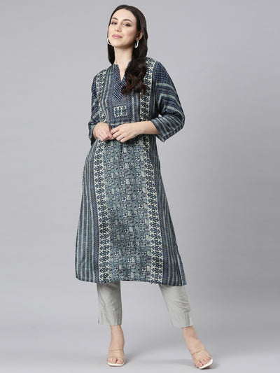 Neerus Navy Blue Straight Casual Floral Kurtas