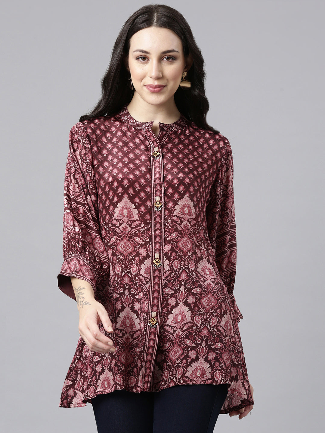 Neerus Purple High-Low Casual Printed Straight Kurtis