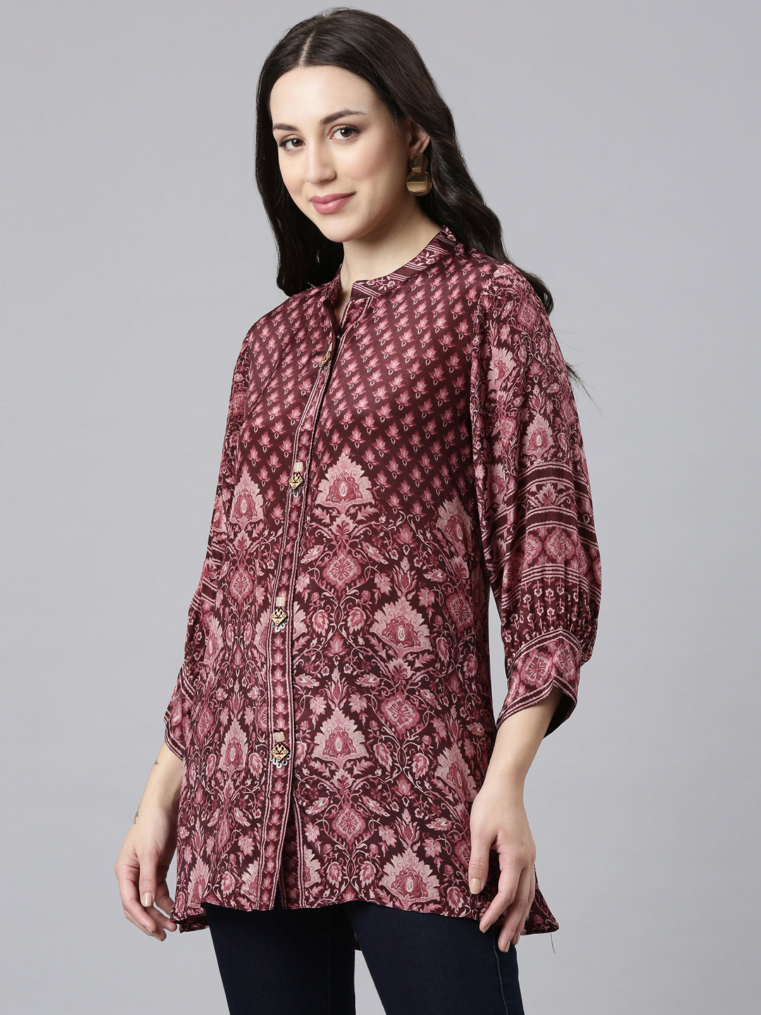 Neerus Purple High-Low Casual Printed Straight Kurtis