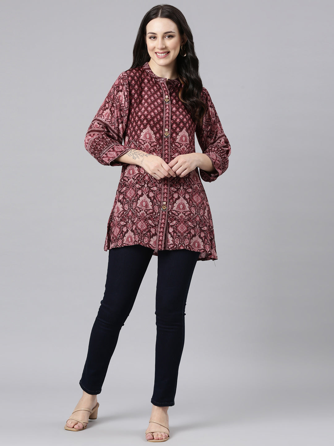 Neerus Purple High-Low Casual Printed Straight Kurtis