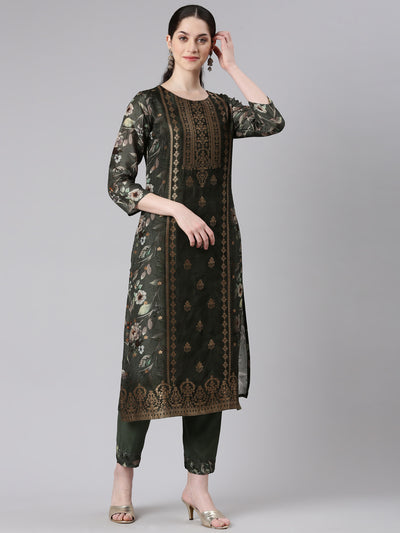 Neerus Women Green Straight Kurta and Trousers With Dupatta