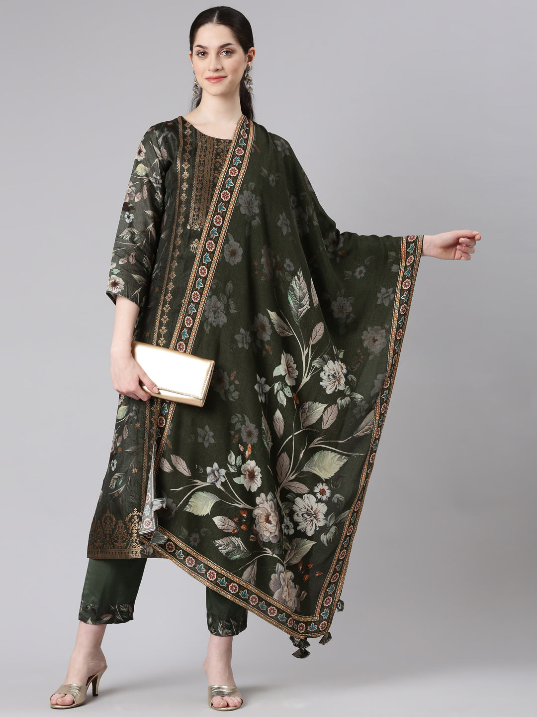 Neerus Women Green Straight Kurta and Trousers With Dupatta