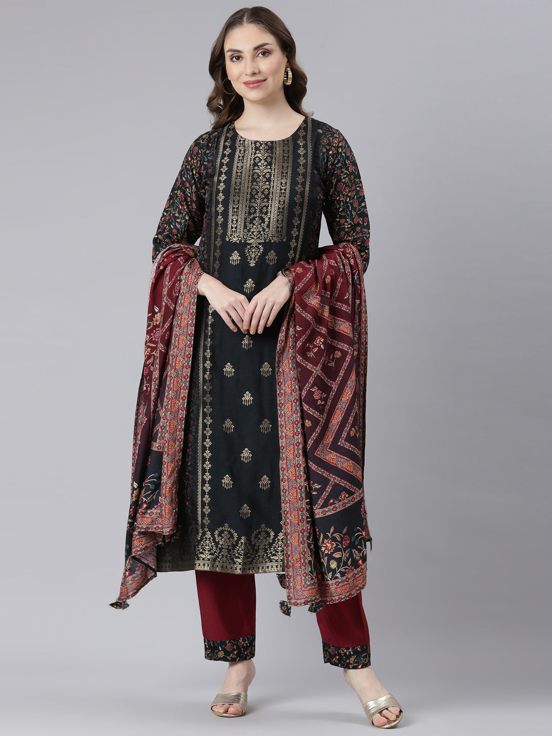 Neerus Black Raw Silk Straight Casual Floral Kurta and Trouser with Dupatta