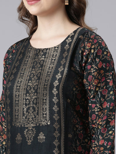 Neerus Black Raw Silk Straight Casual Floral Kurta and Trouser with Dupatta