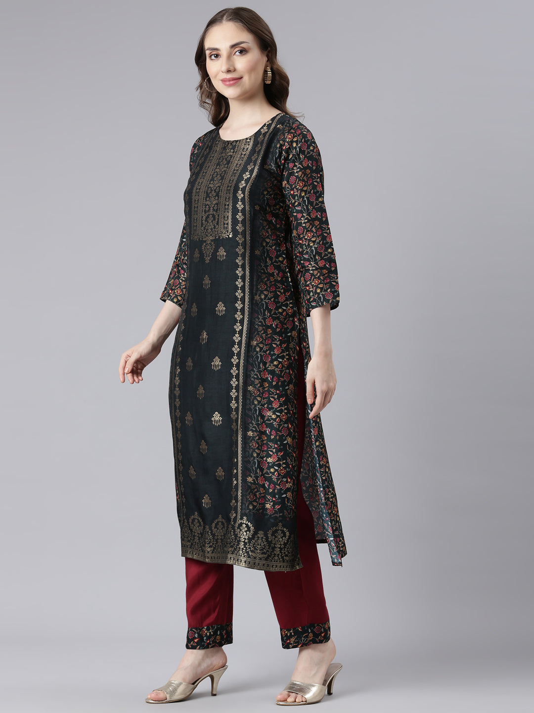 Neerus Black Raw Silk Straight Casual Floral Kurta and Trouser with Dupatta