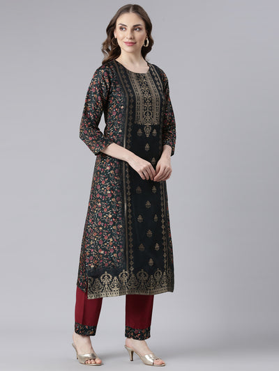 Neerus Black Raw Silk Straight Casual Floral Kurta and Trouser with Dupatta