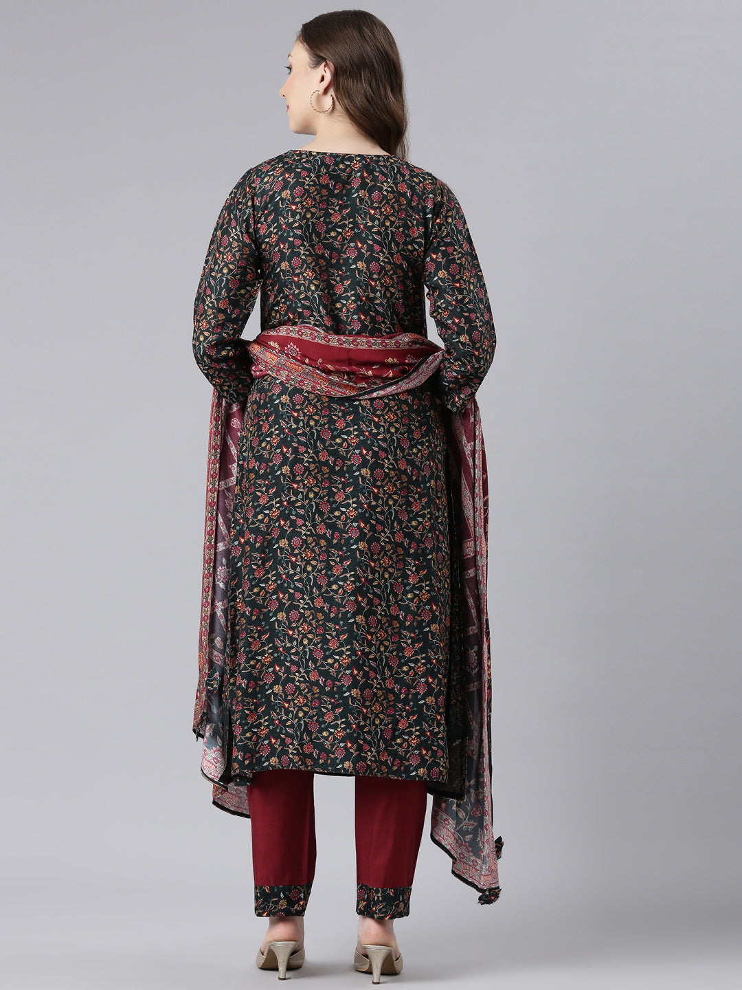 Neerus Black Raw Silk Straight Casual Floral Kurta and Trouser with Dupatta