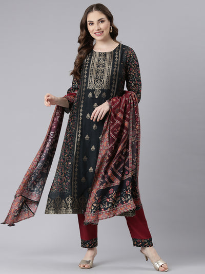 Neerus Black Raw Silk Straight Casual Floral Kurta and Trouser with Dupatta