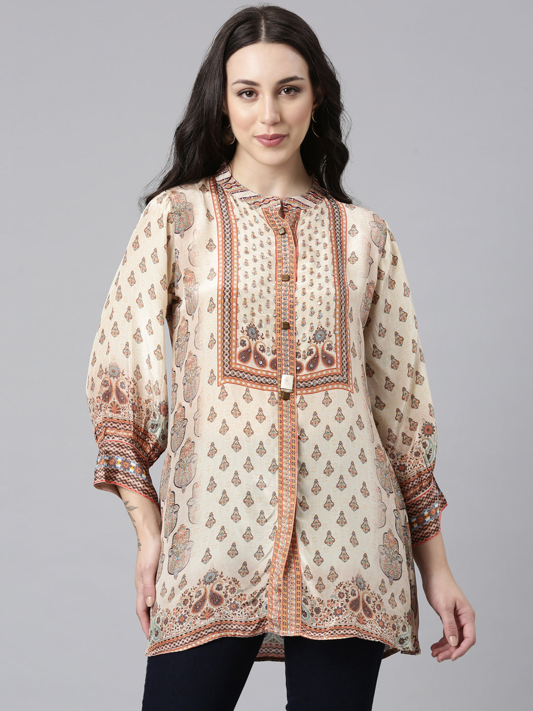 Neerus Cream High-Low Casual Printed Straight Kurtis