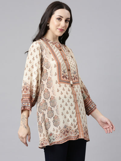 Neerus Cream High-Low Casual Printed Straight Kurtis