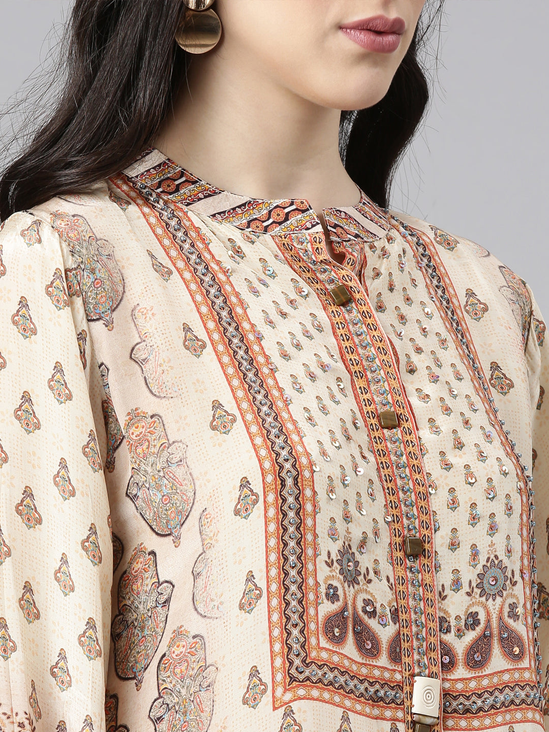 Neerus Cream High-Low Casual Printed Straight Kurtis