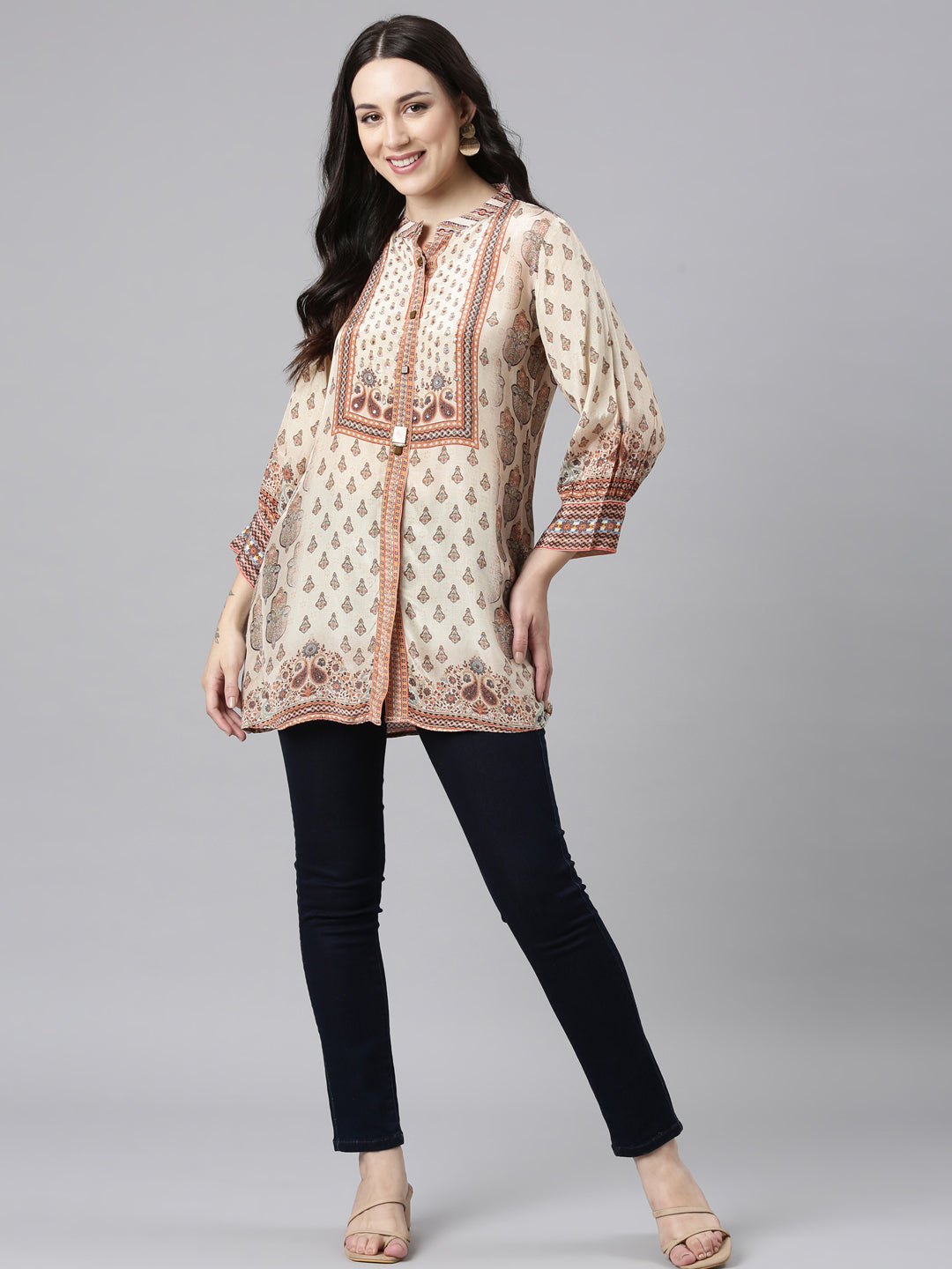 Neerus Cream High-Low Casual Printed Straight Kurtis