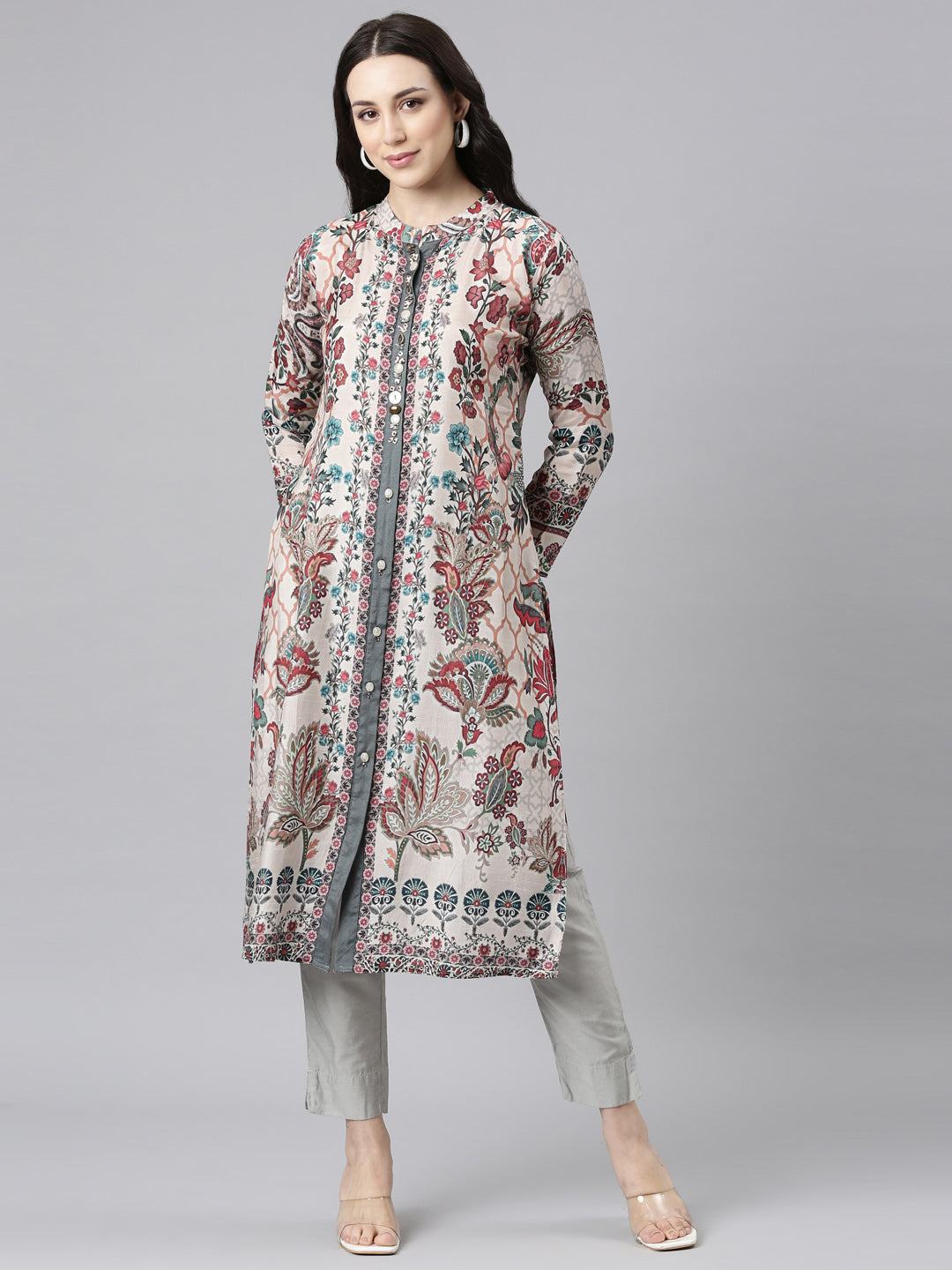 Neerus Off White Straight Casual Floral Kurtas