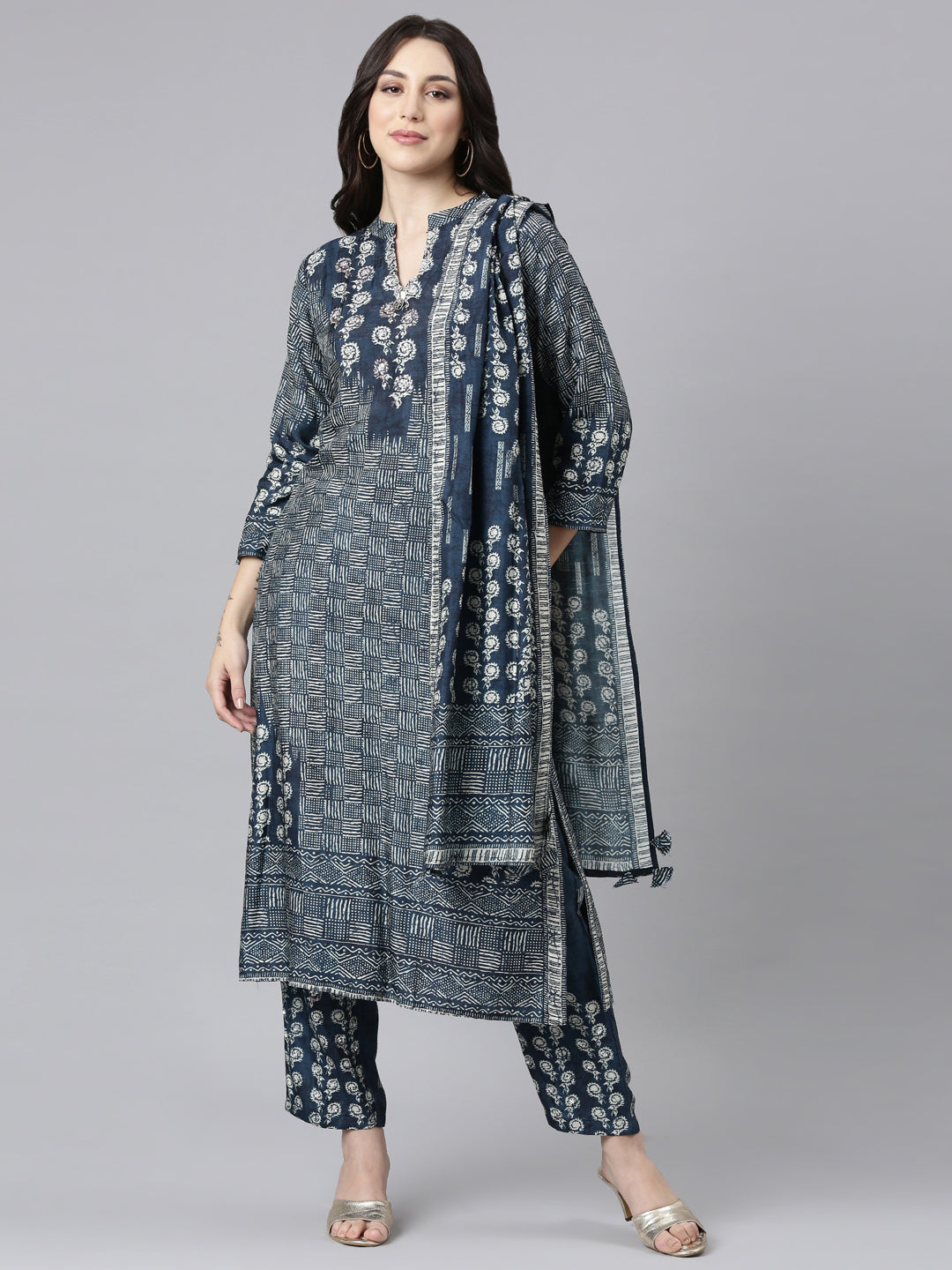 Neerus Blue Panelled Straight Kurta and Trousers With Dupatta