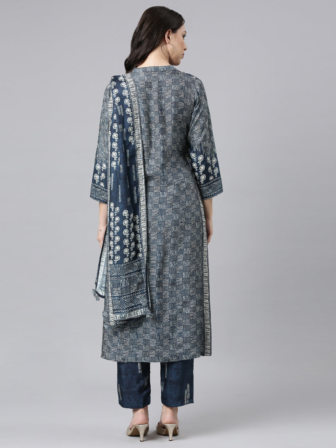 Neerus Blue Panelled Straight Kurta and Trousers With Dupatta