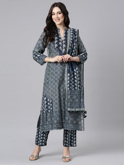 Neerus Blue Panelled Straight Kurta and Trousers With Dupatta