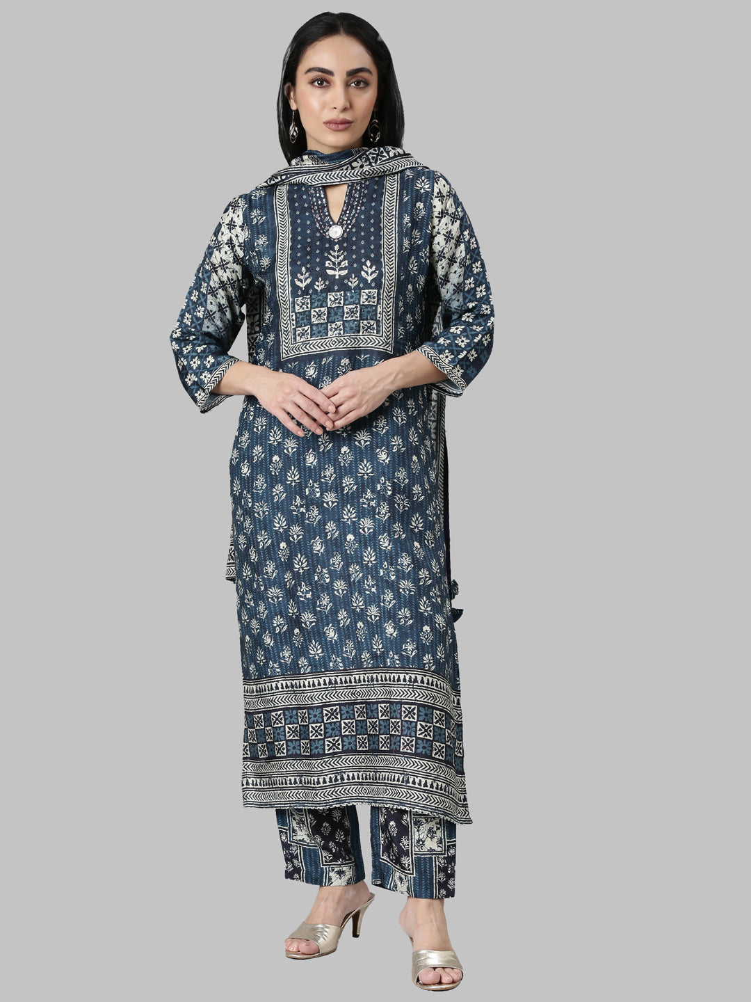 Neerus Blue Regular Straight Printed Kurta and Trousers With Dupatta