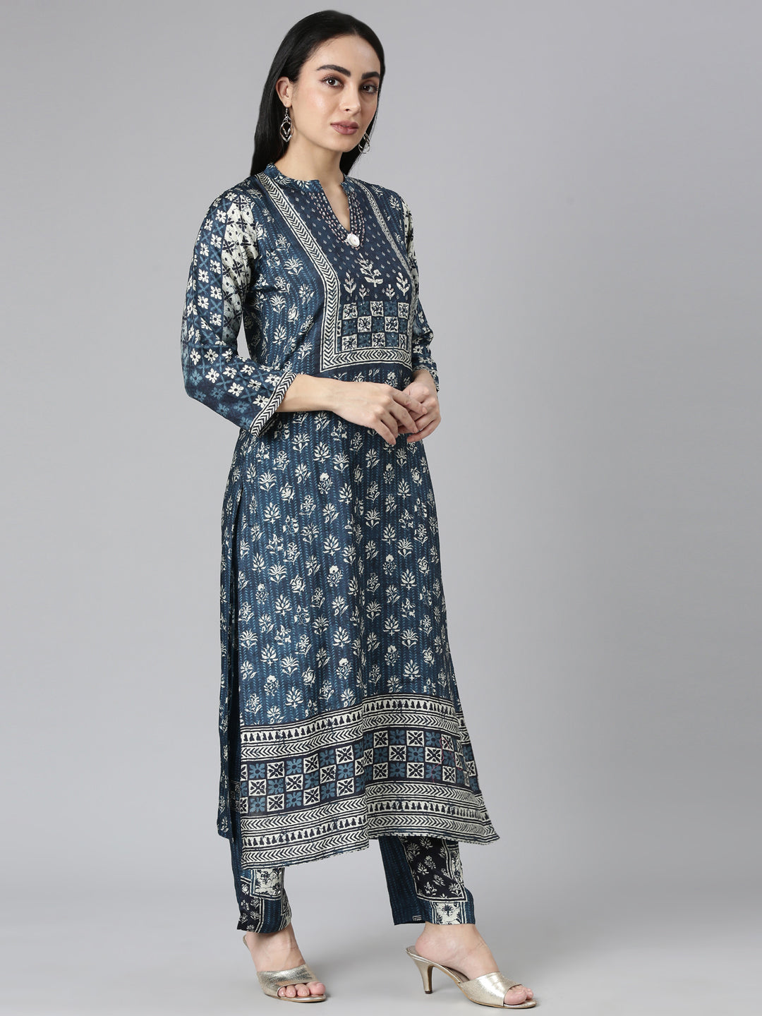 Neerus Blue Regular Straight Printed Kurta and Trousers With Dupatta