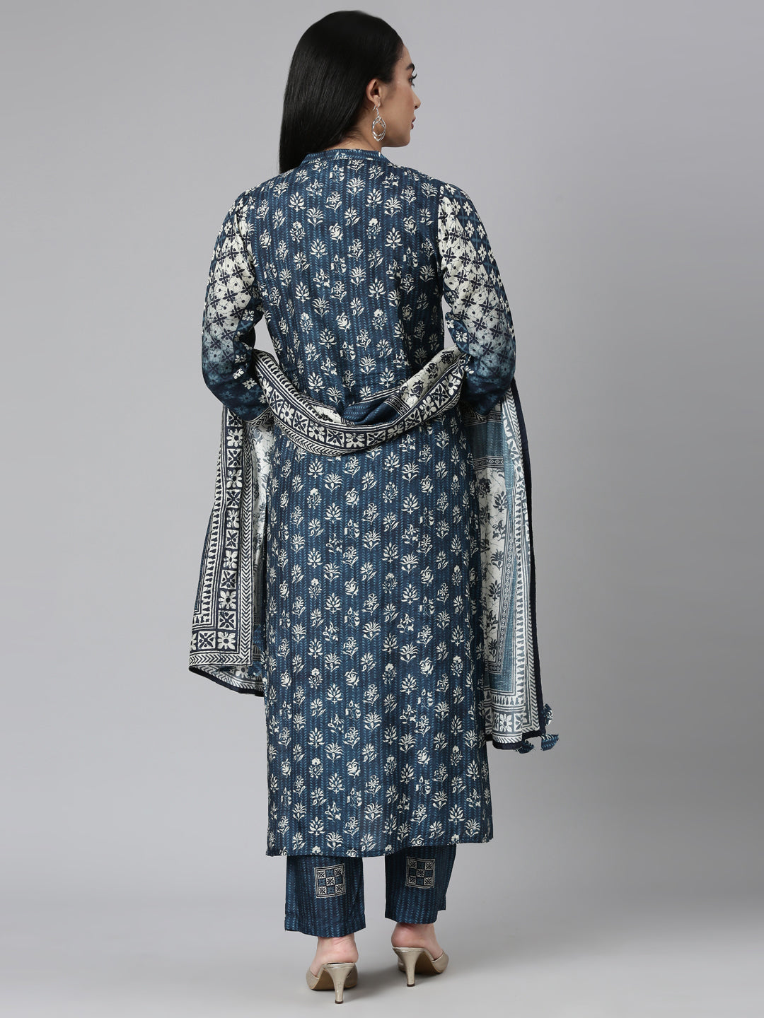 Neerus Blue Regular Straight Printed Kurta and Trousers With Dupatta