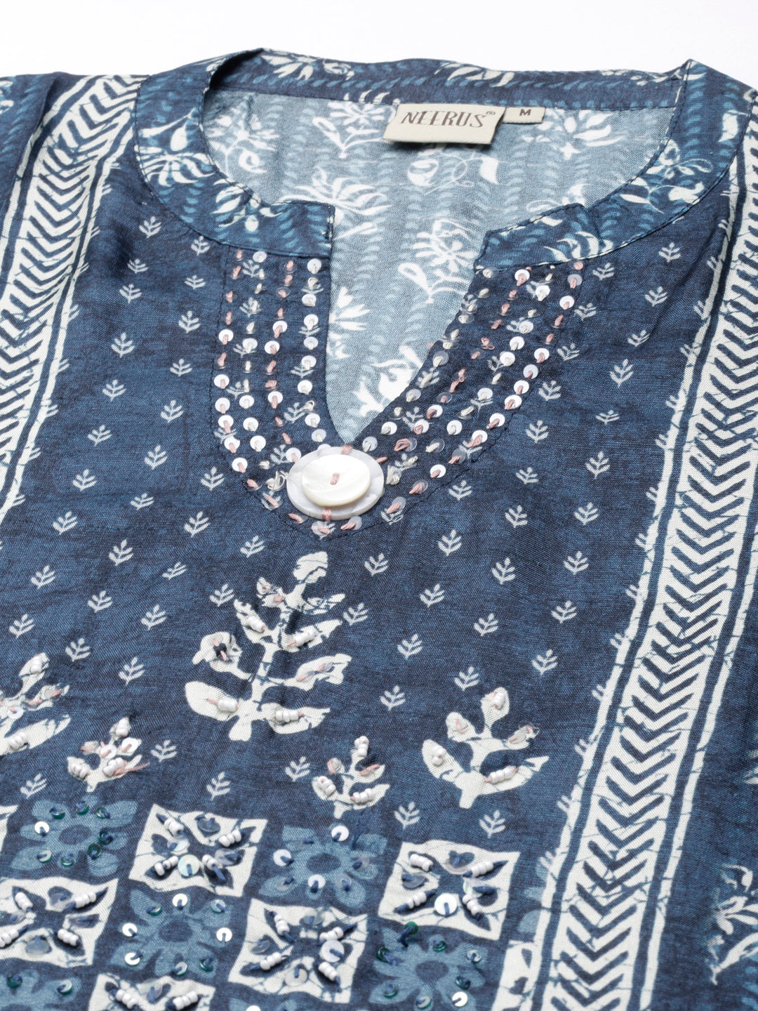 Neerus Blue Regular Straight Printed Kurta and Trousers With Dupatta