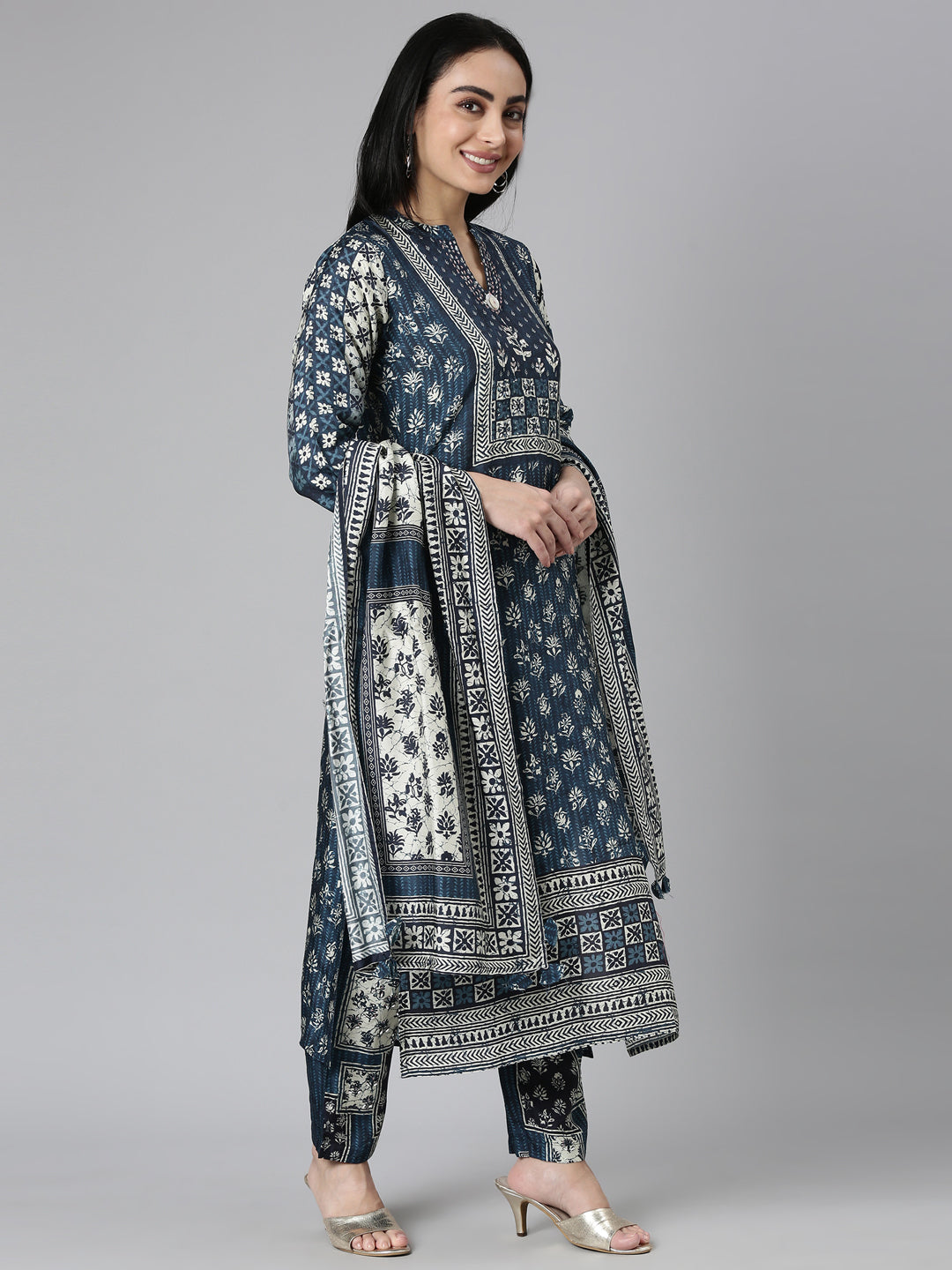 Neerus Blue Regular Straight Printed Kurta and Trousers With Dupatta