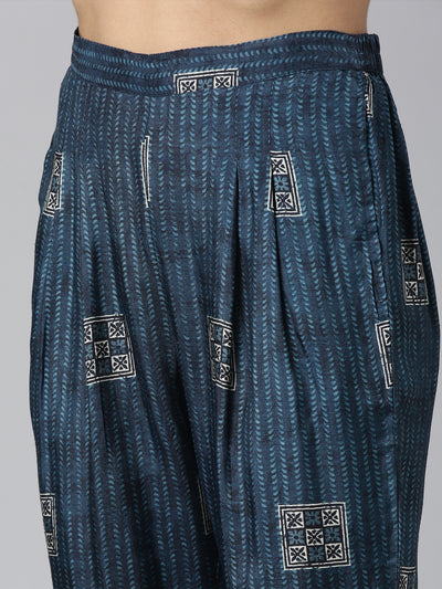 Neerus Blue Regular Straight Printed Kurta and Trousers With Dupatta