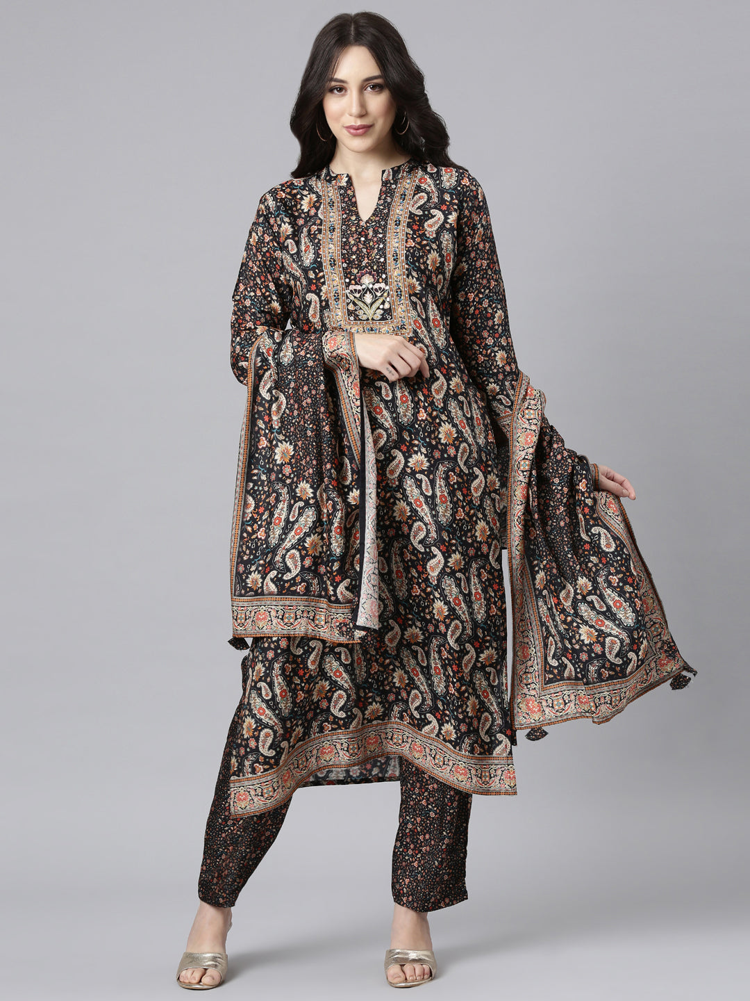 Neerus Black Panelled Straight Kurta and Trousers With Dupatta