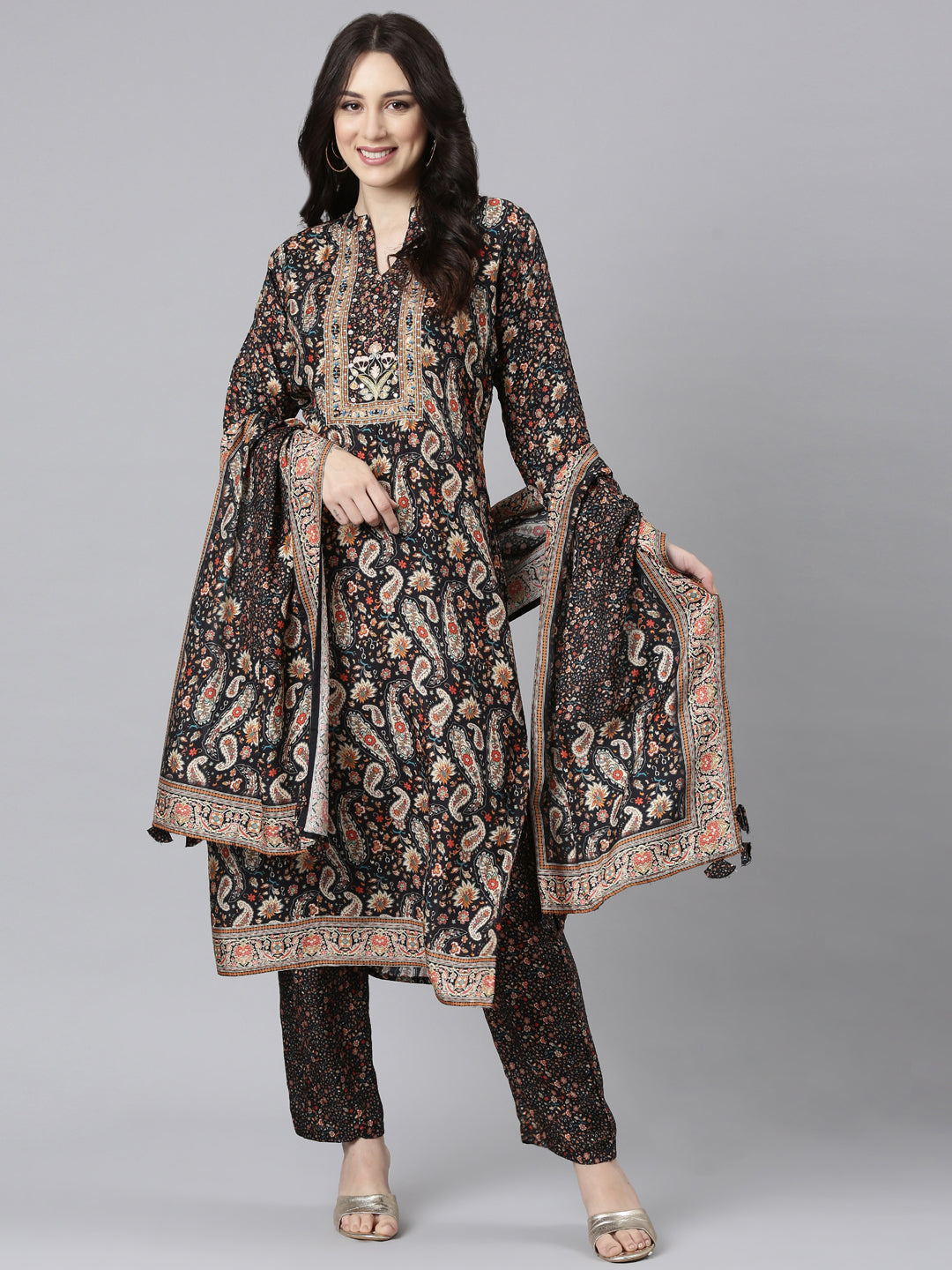 Neerus Black Panelled Straight Kurta and Trousers With Dupatta