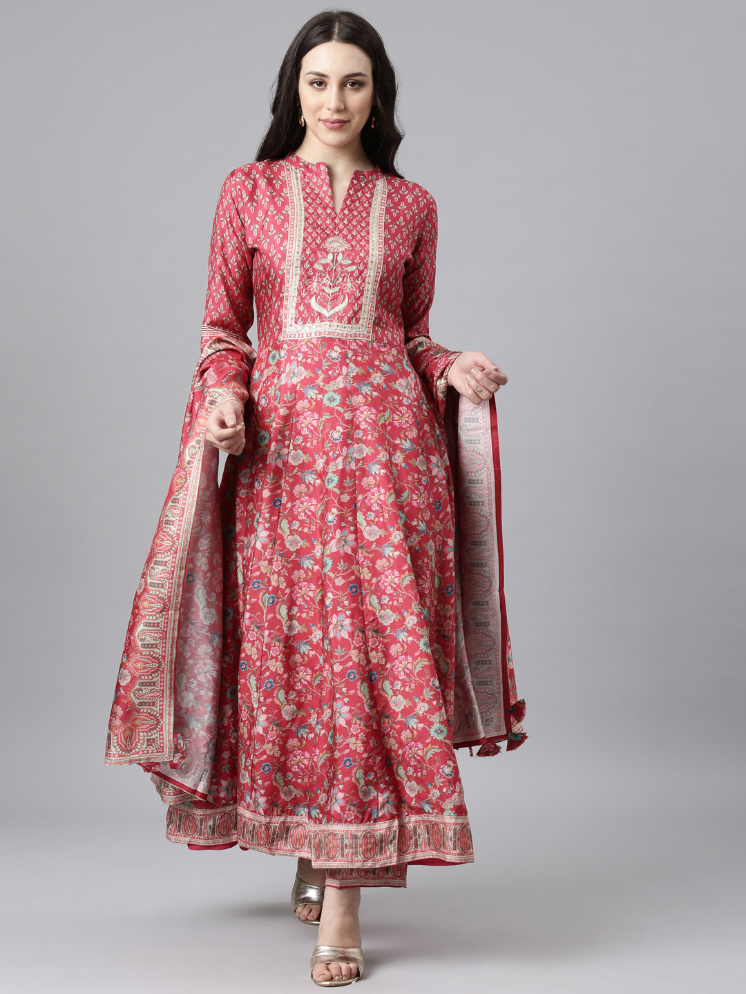 Neerus Pink Regular Anarkali Kurta and Trousers With Dupatta