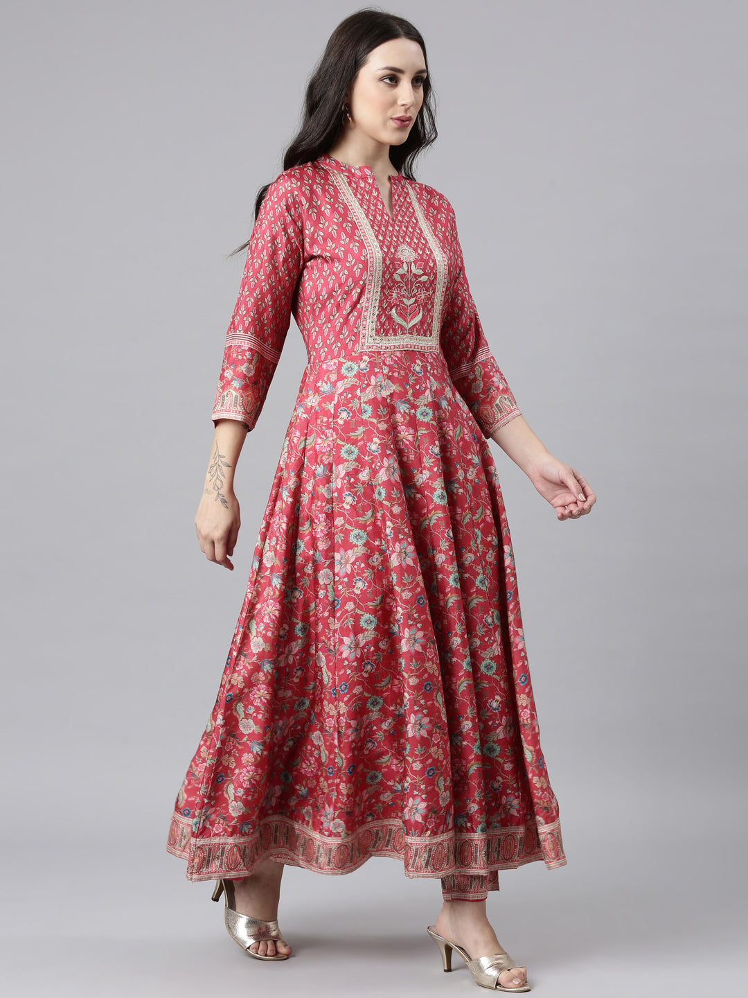 Neerus Pink Regular Anarkali Kurta and Trousers With Dupatta