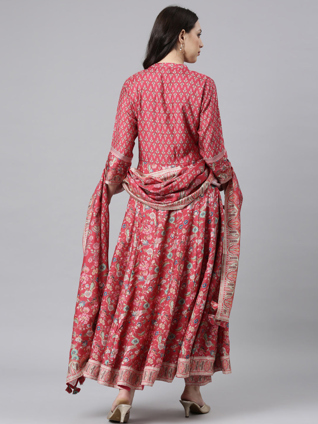 Neerus Pink Regular Anarkali Kurta and Trousers With Dupatta