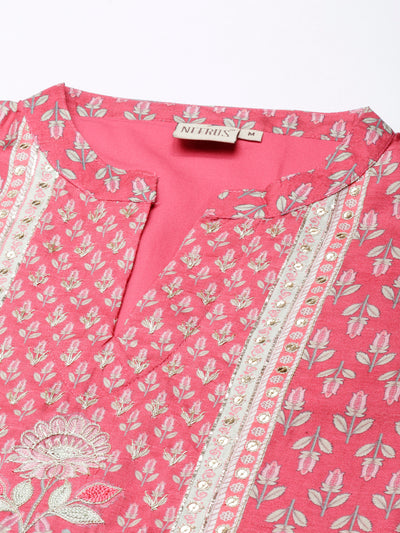 Neerus Pink Regular Anarkali Kurta and Trousers With Dupatta