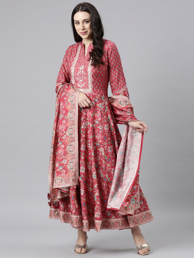 Neerus Pink Regular Anarkali Kurta and Trousers With Dupatta