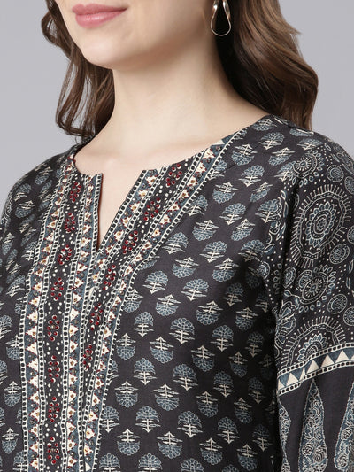 Neerus Black Santoon High-Low Casual Floral Kurta and Trouser with Dupatta