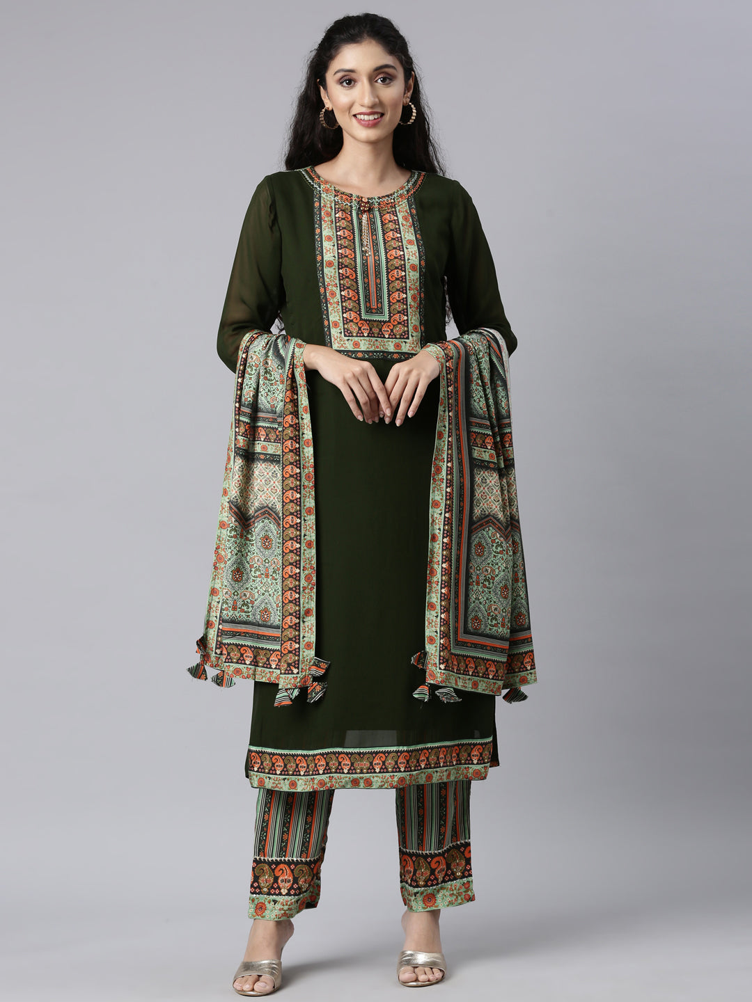 Neerus Green Panelled Straight Kurta and Trousers With Dupatta