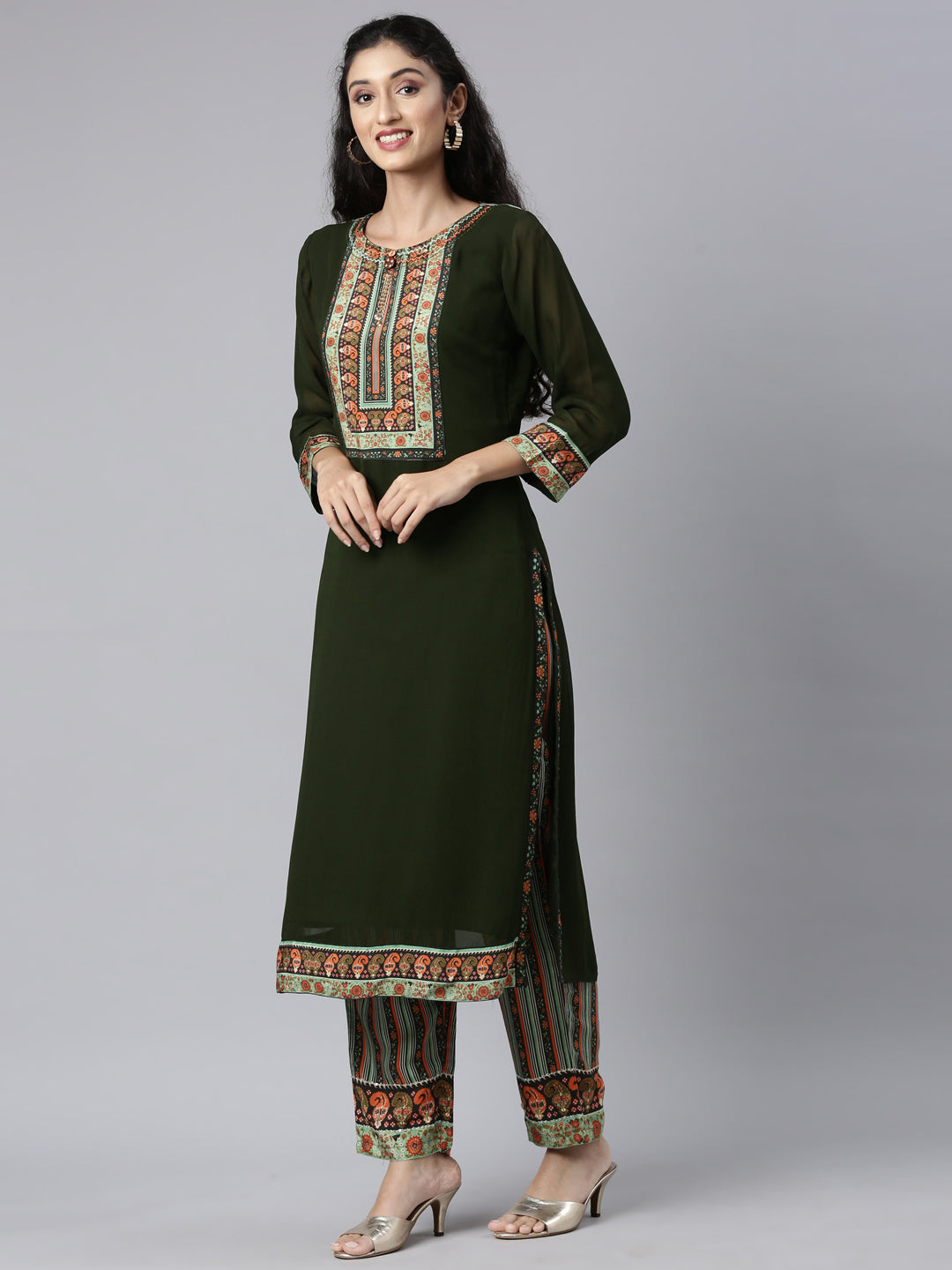 Neerus Green Panelled Straight Kurta and Trousers With Dupatta