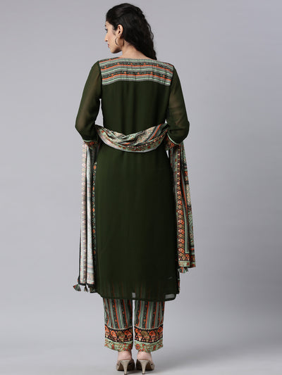 Neerus Green Panelled Straight Kurta and Trousers With Dupatta