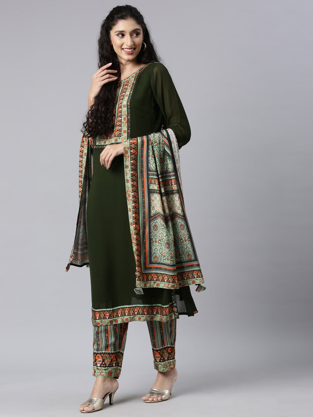 Neerus Green Panelled Straight Kurta and Trousers With Dupatta