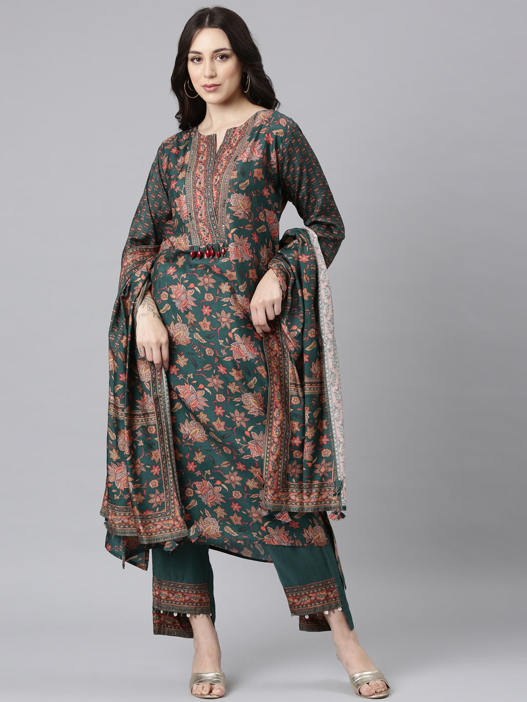 Neerus Green Panelled Straight Kurta and Trousers With Dupatta